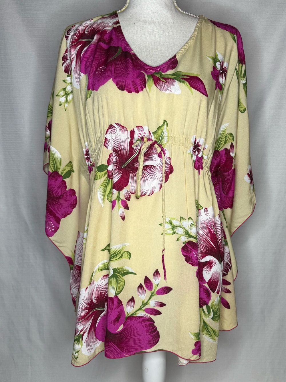 Women’s Tropical Floral Caftan Dress Beige Pink Hibiscus Resort Cover Up OS